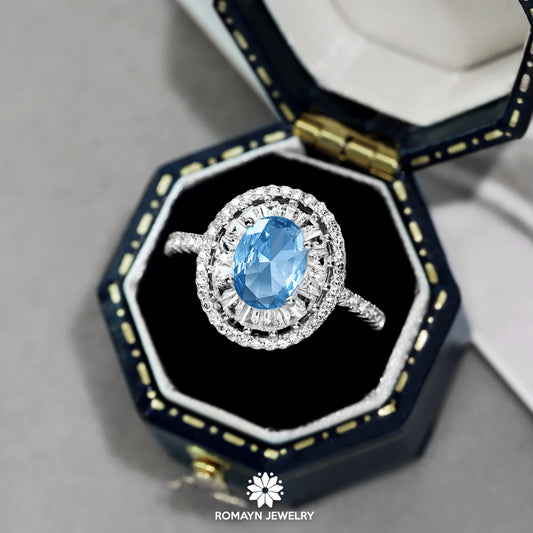 Blue Oval Cut Cubic Zirconia Ring
