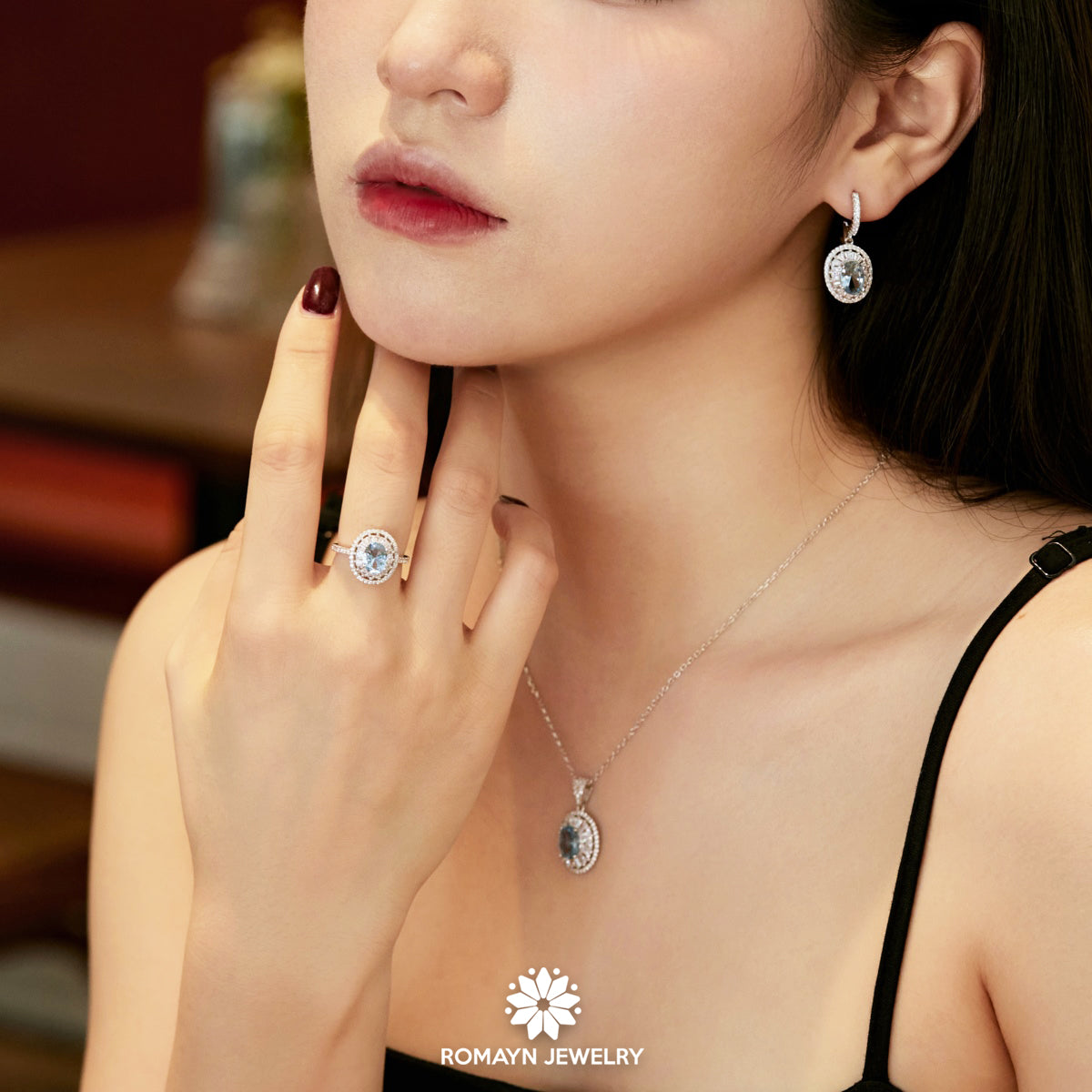 Blue Oval Cut Cubic Zirconia Ring