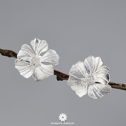 Peony Flower Silver Earrings