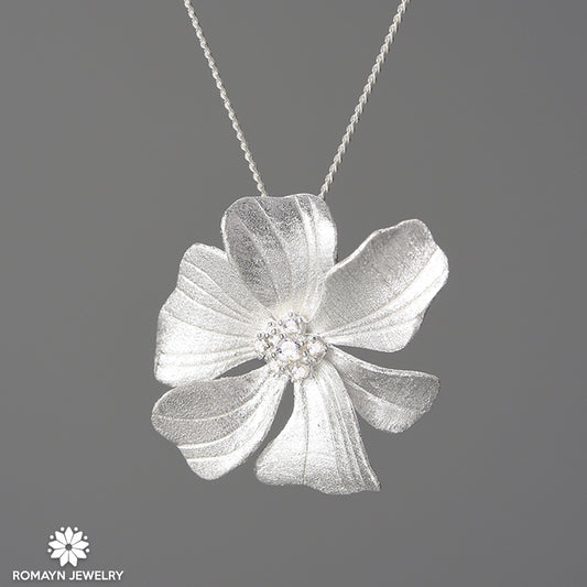 Peony Flower Silver Necklace