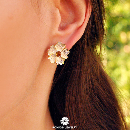 Peony Flower Yellow Tourmaline Gemstone Earrings