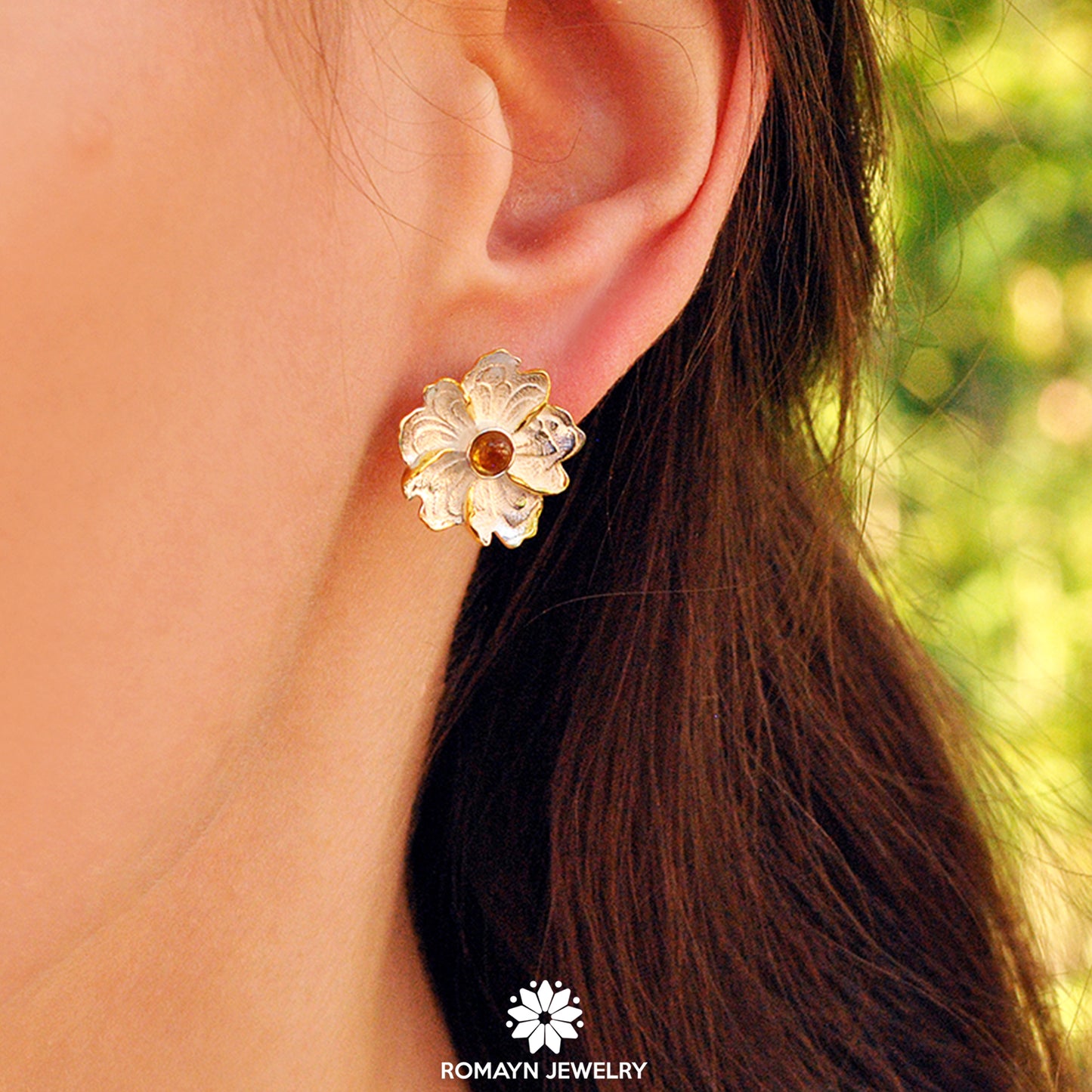 Peony Flower Leaf Yellow Tourmaline Ring