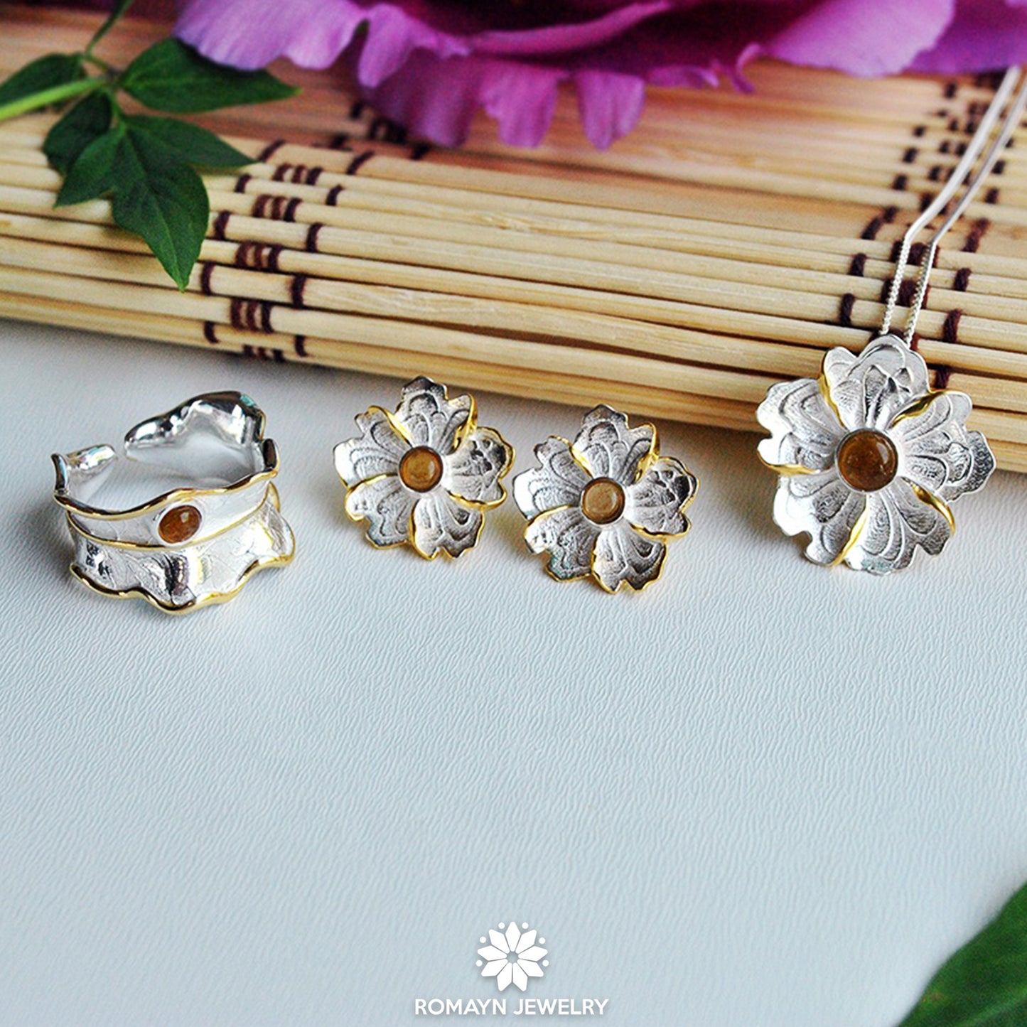 Peony Flower Yellow Tourmaline Gemstone Earrings