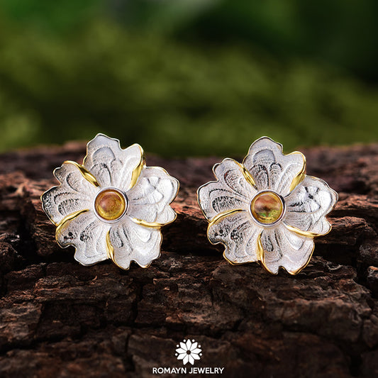 Peony Flower Yellow Tourmaline Gemstone Earrings