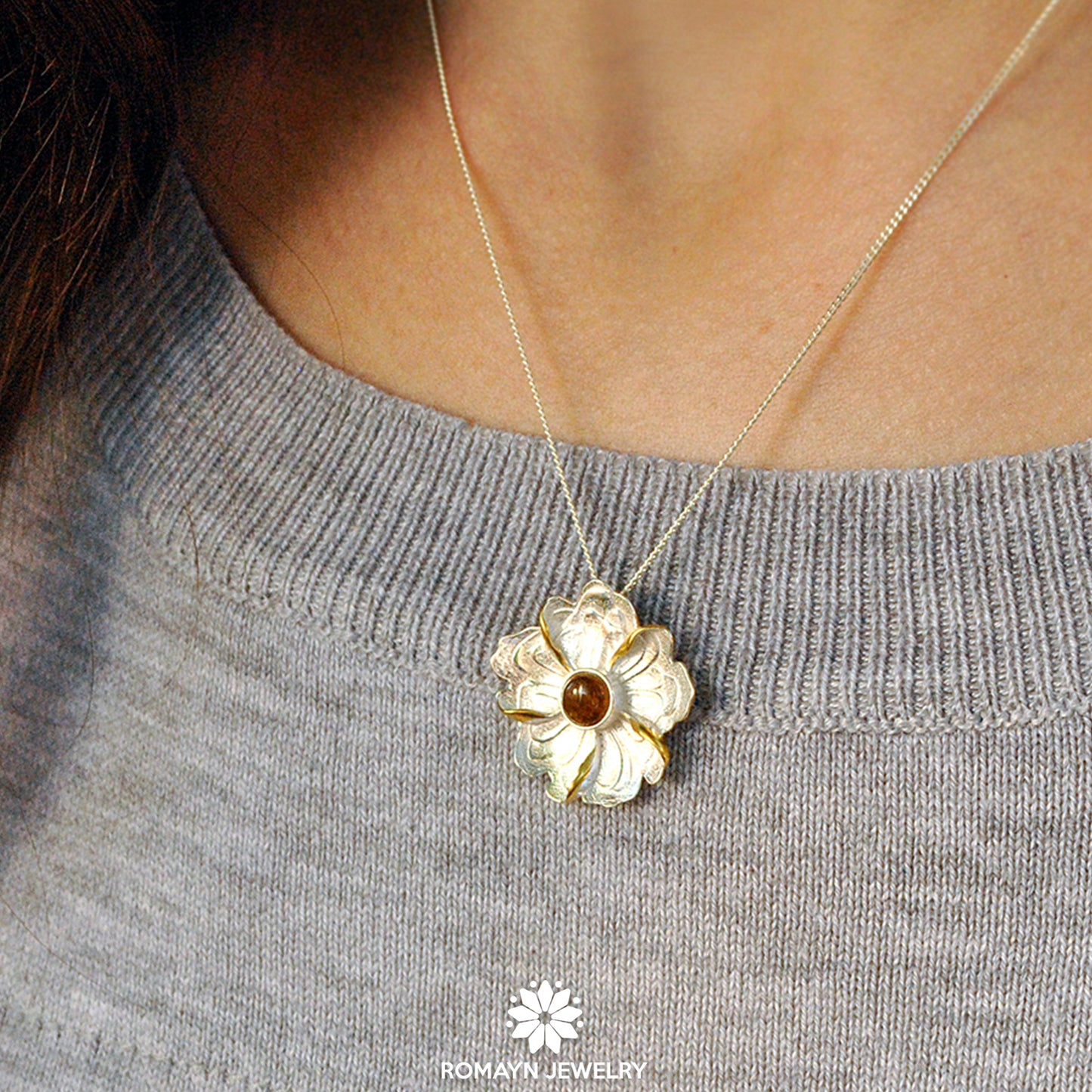 Peony Flower Yellow Tourmaline Gemstone Necklace