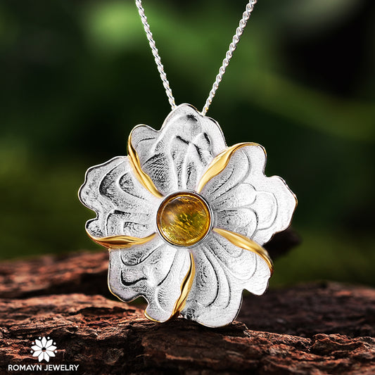 Peony Flower Yellow Tourmaline Gemstone Necklace
