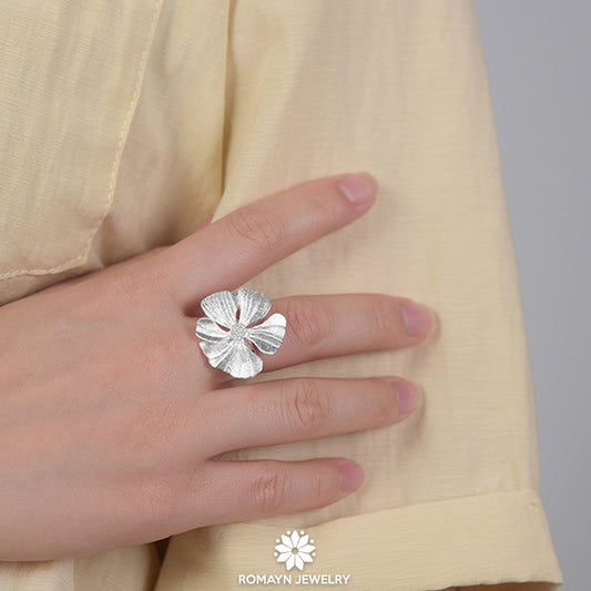 Peony Flower Silver Ring