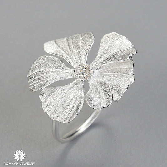 Peony Flower Silver Ring
