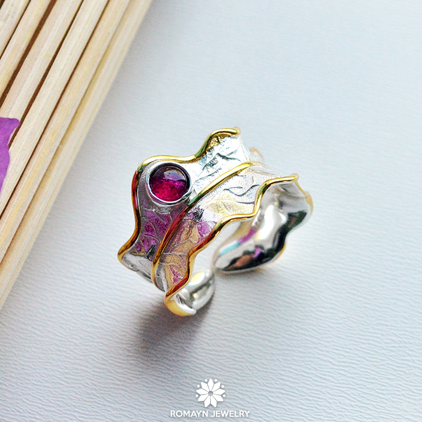 Peony Flower Leaf Pink Tourmaline Ring