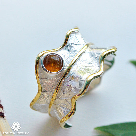 Peony Flower Leaf Yellow Tourmaline Ring