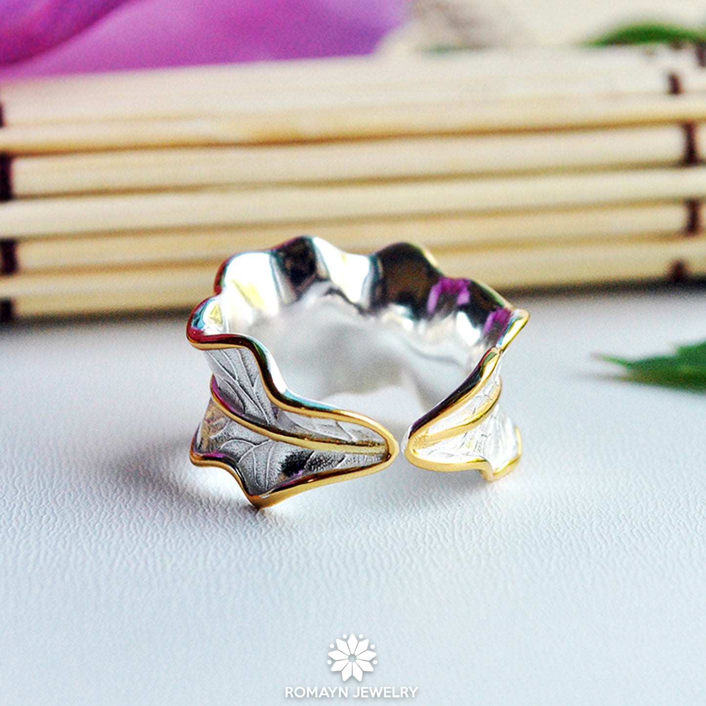 Peony Flower Leaf Pink Tourmaline Ring