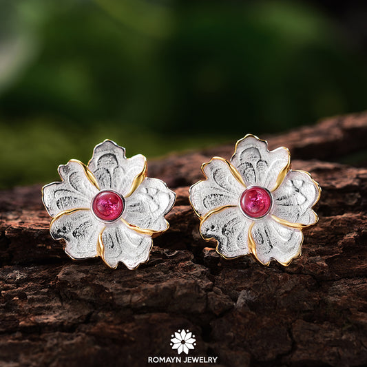 Peony Flower Pink Tourmaline Gemstone Earrings