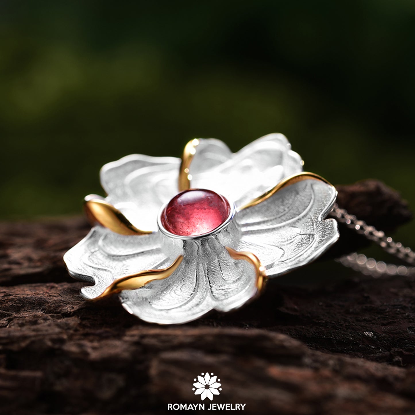 Peony Flower Pink Tourmaline Gemstone Necklace