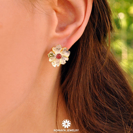 Peony Flower Pink Tourmaline Gemstone Earrings