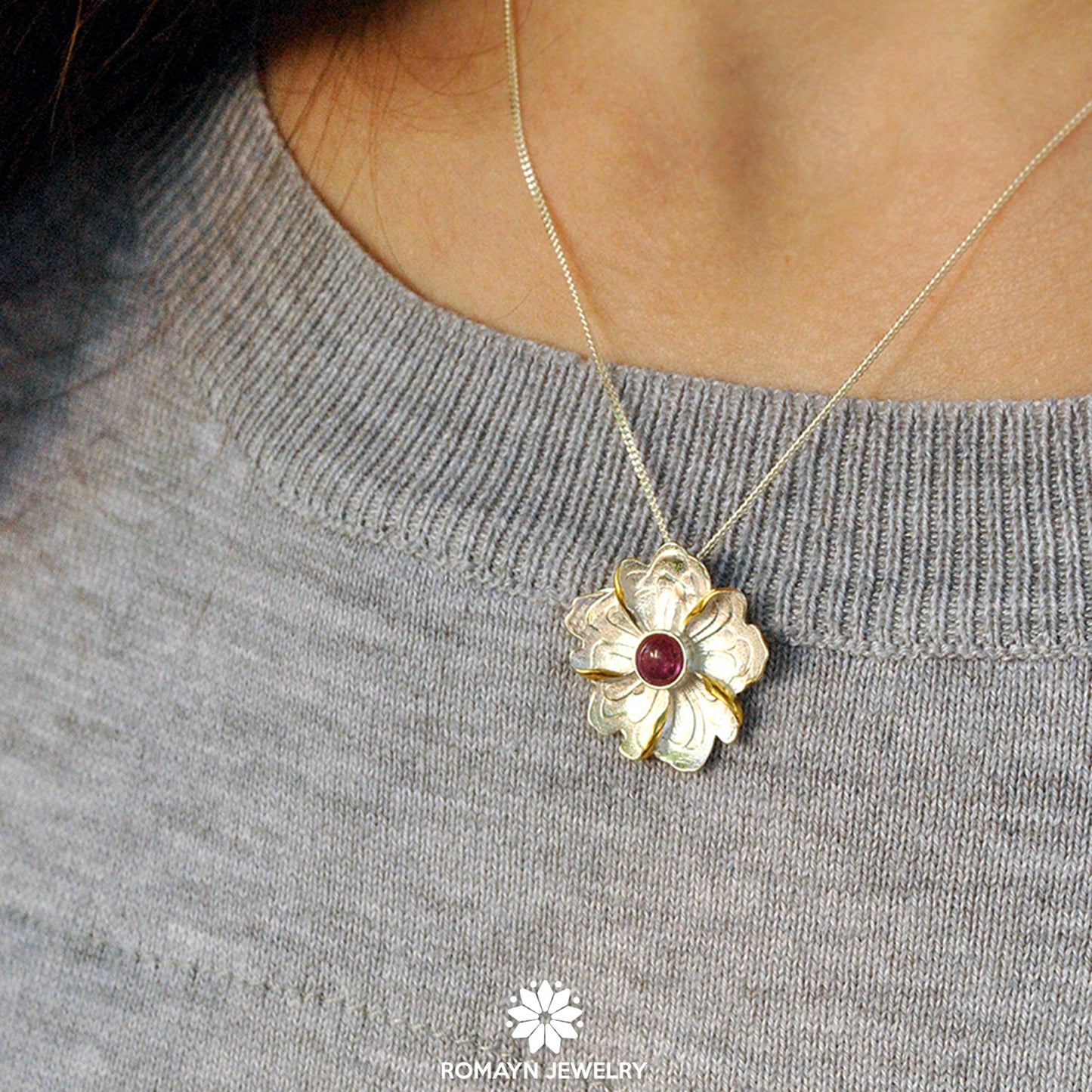 Peony Flower Leaf Pink Tourmaline Ring