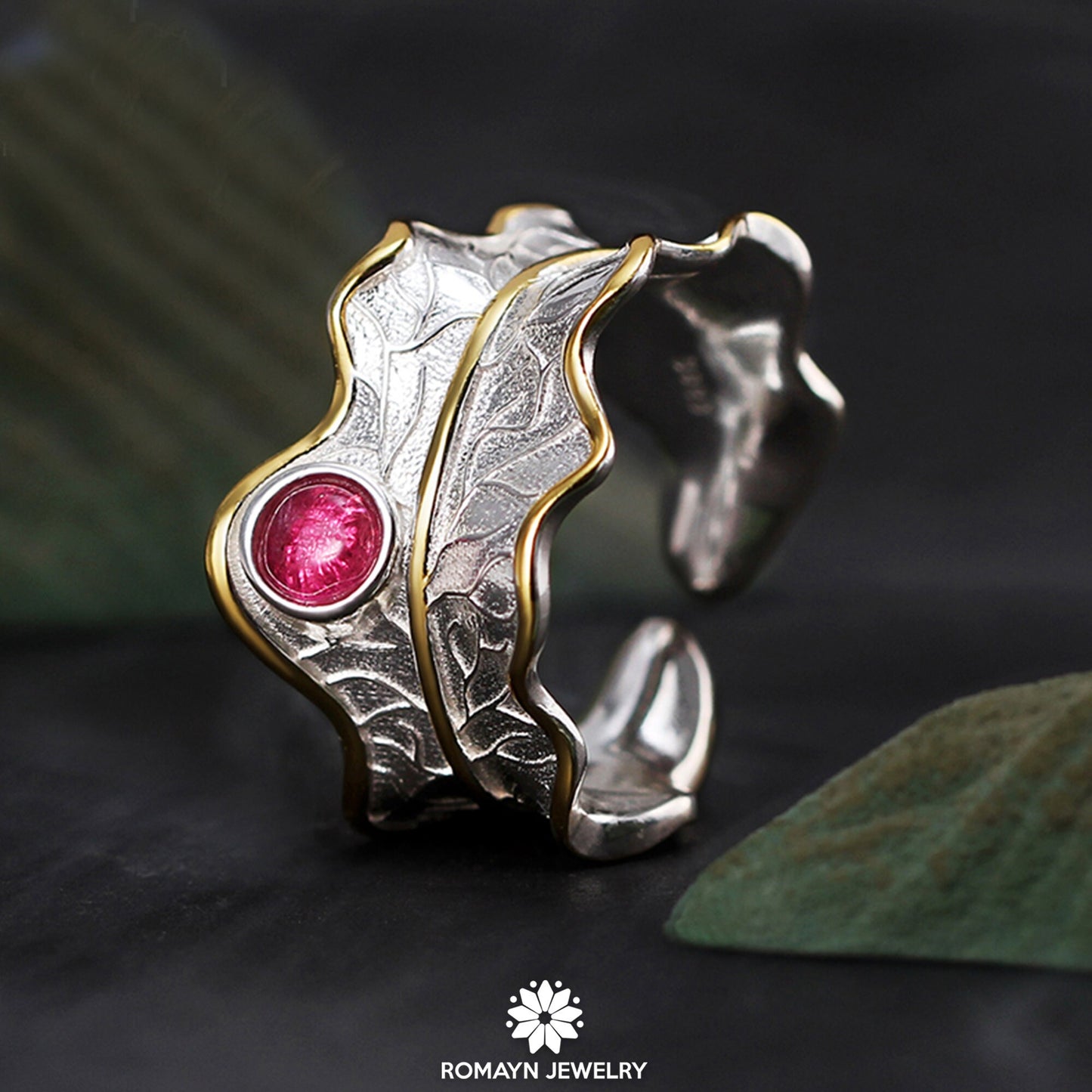 Peony Flower Leaf Pink Tourmaline Ring