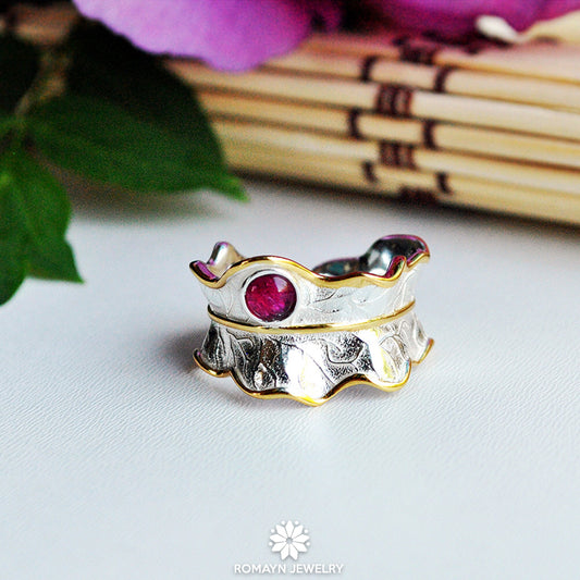 Peony Flower Leaf Pink Tourmaline Ring