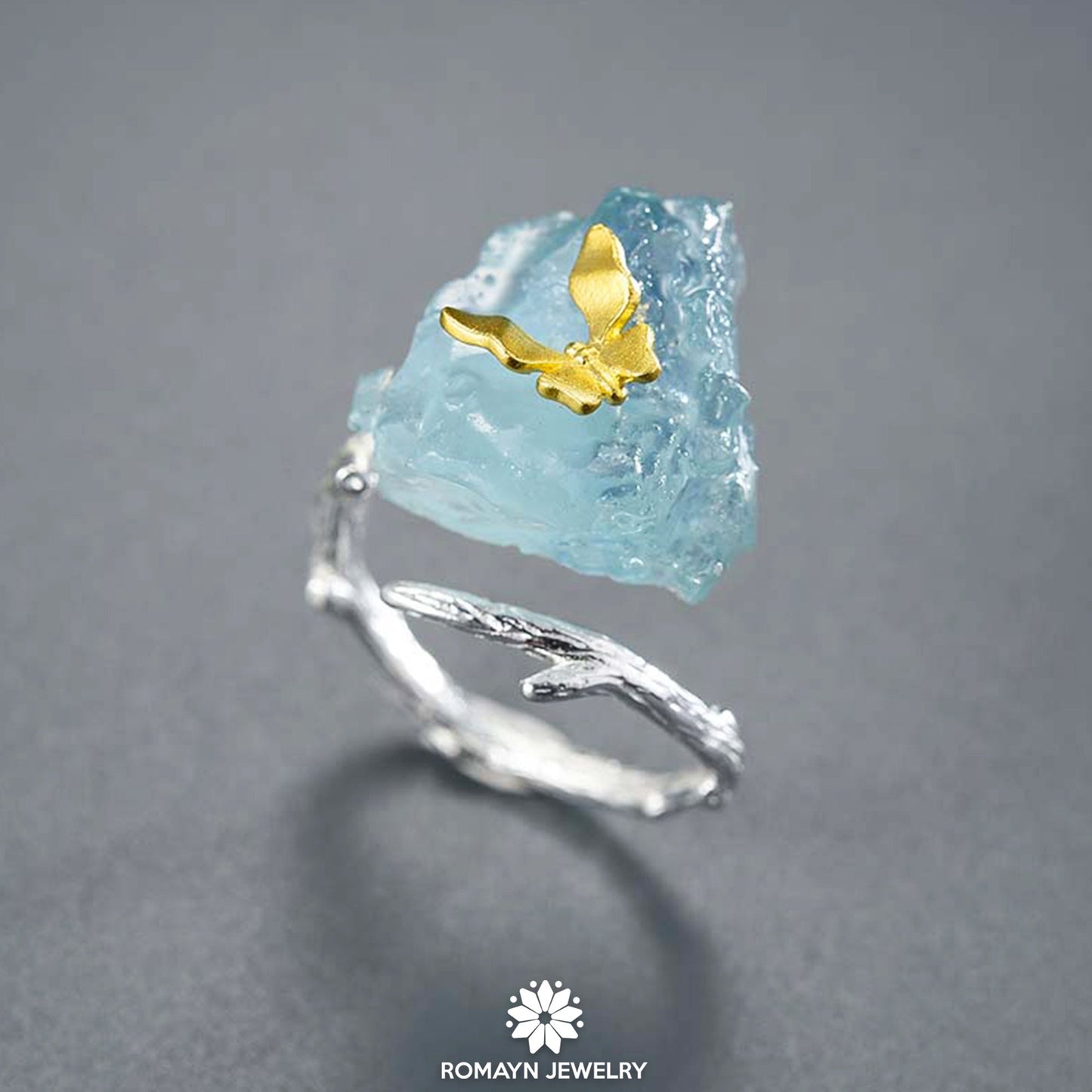 Butterfly on Aquamarine Ring