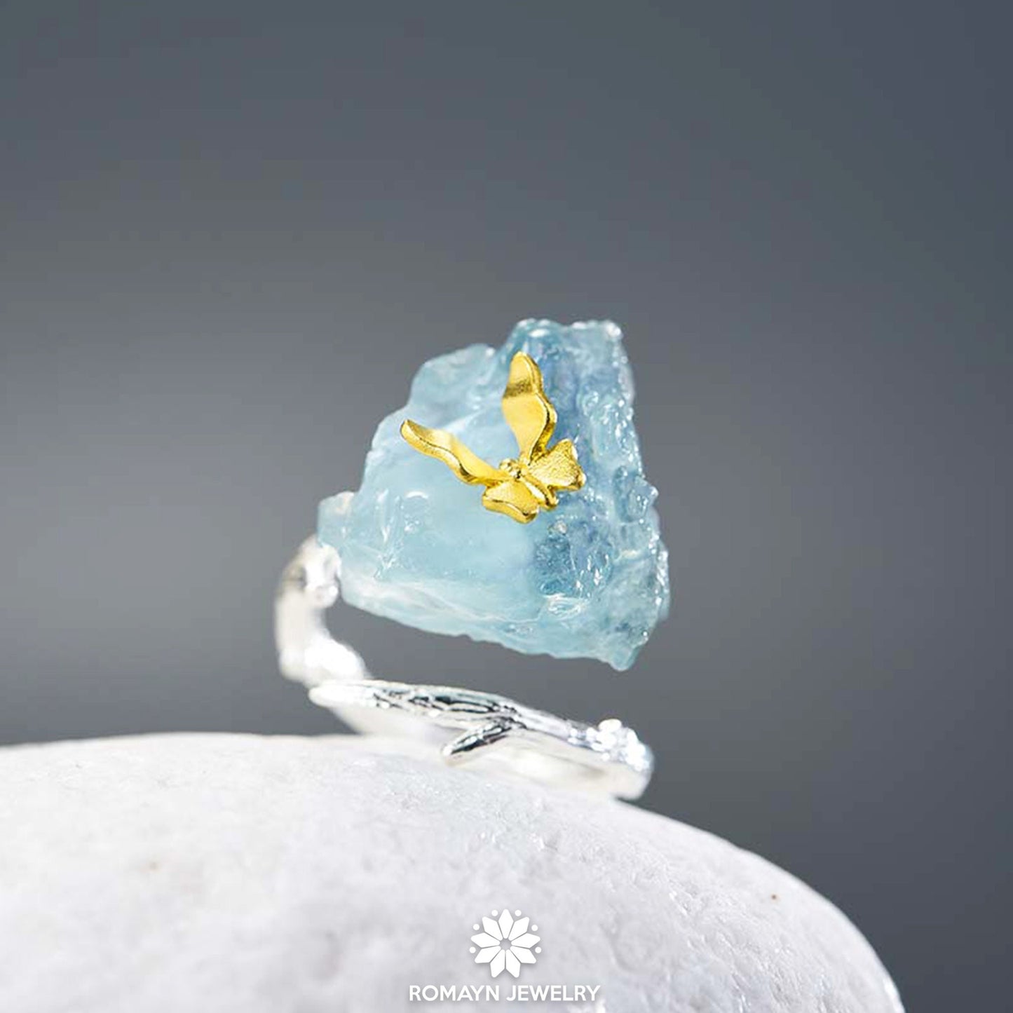 Butterfly on Aquamarine Ring