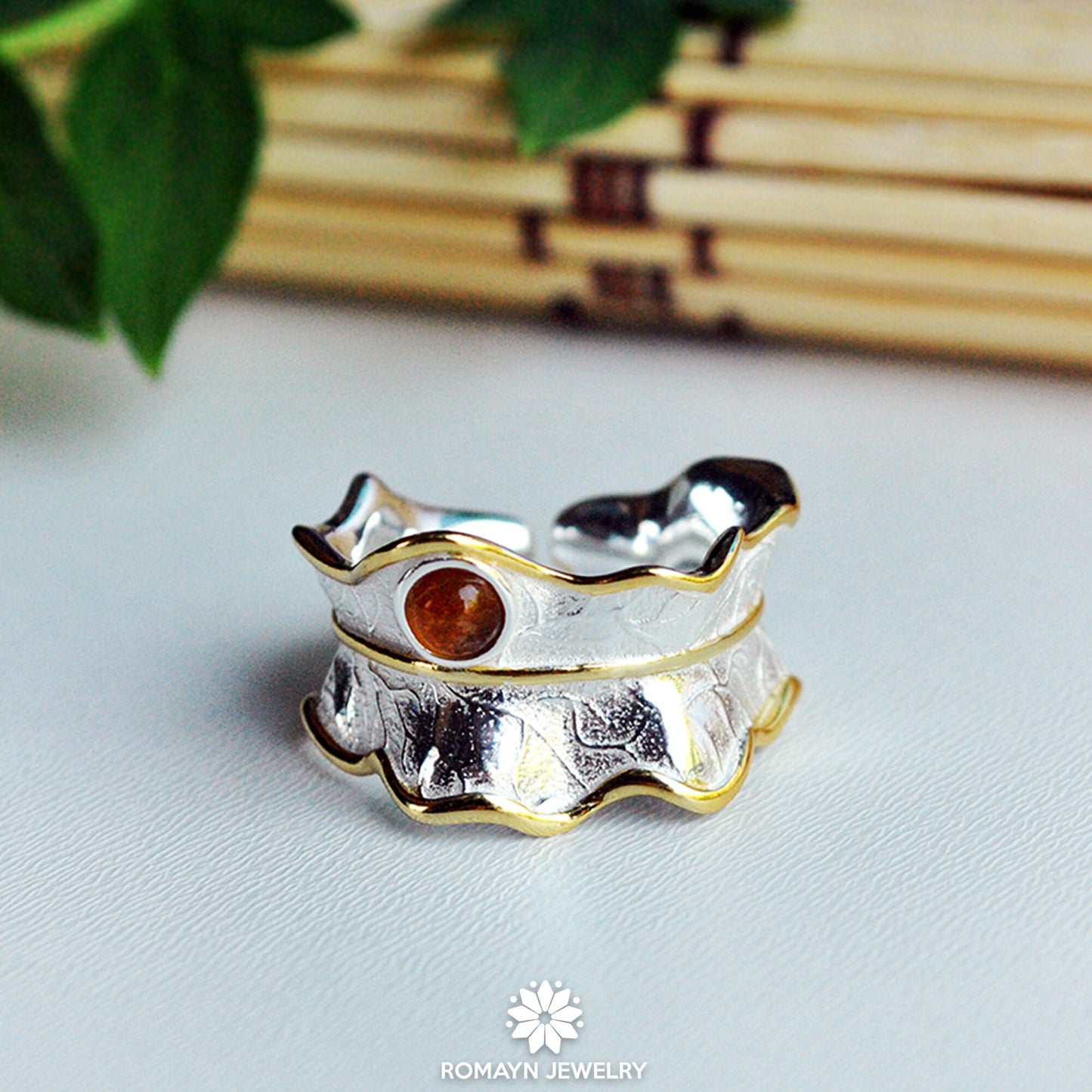 Peony Flower Leaf Yellow Tourmaline Ring