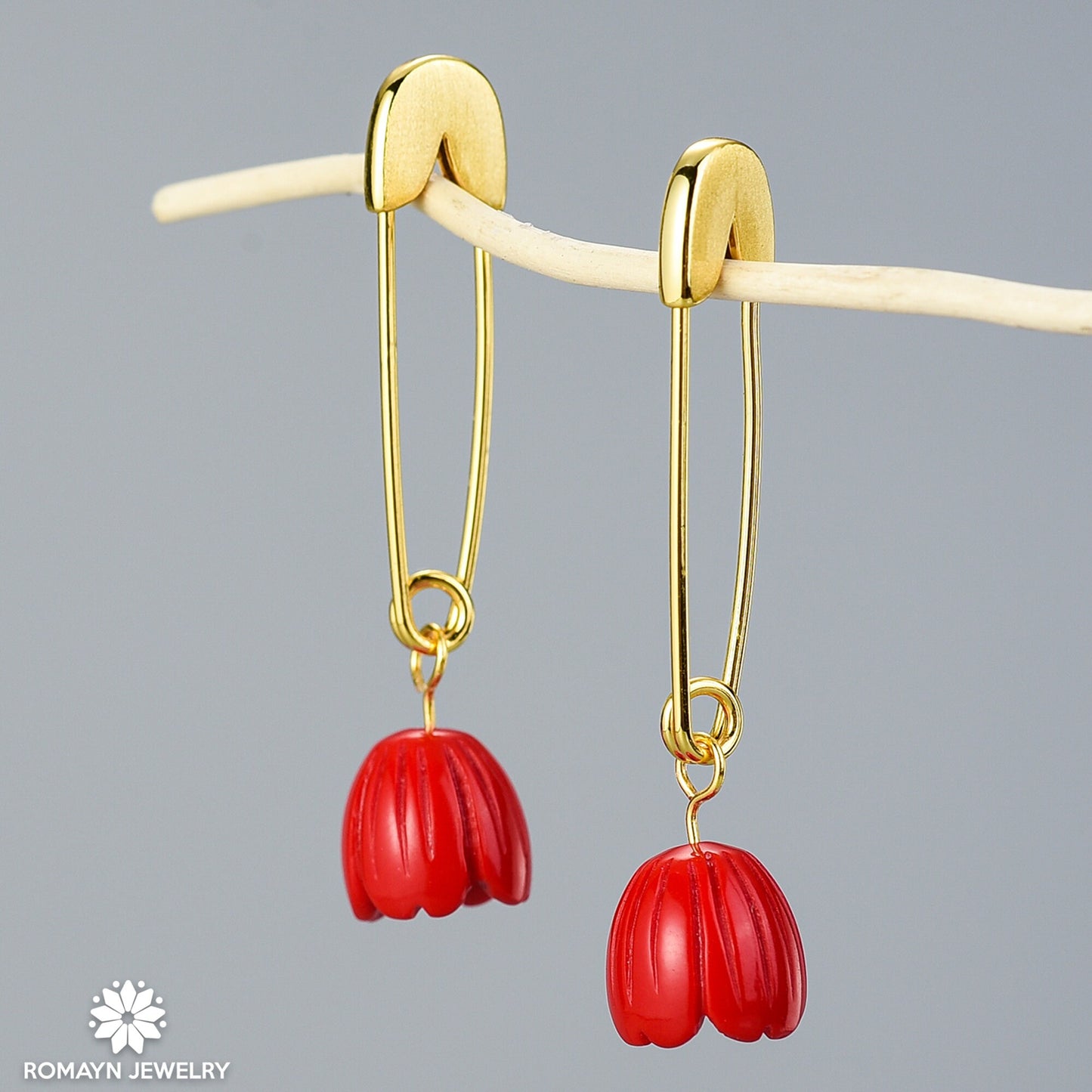 Pin Rose Flower Earrings, Wavy Rose Flower Earrings