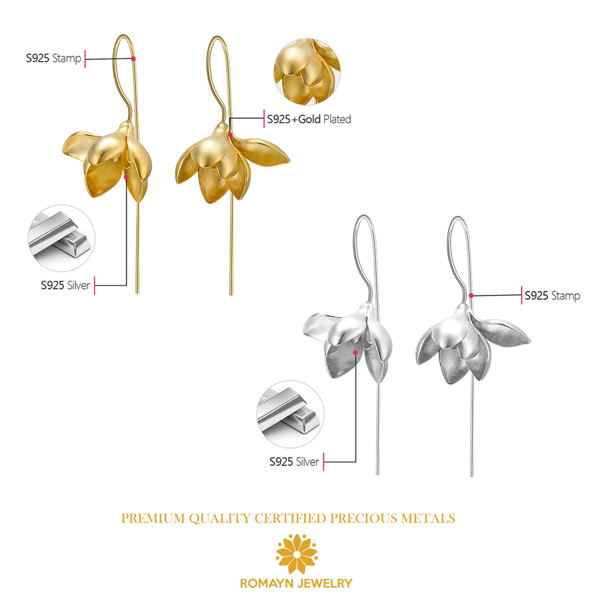 Gold Magnolia Flower Earrings (Large Size)
