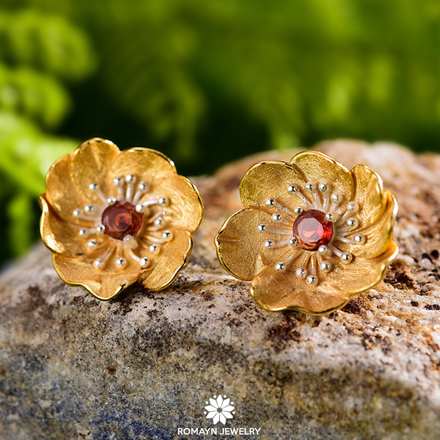 Anemone Flower Garnet Ring