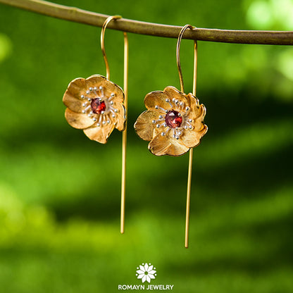 Anemone Flower Garnet Earrings