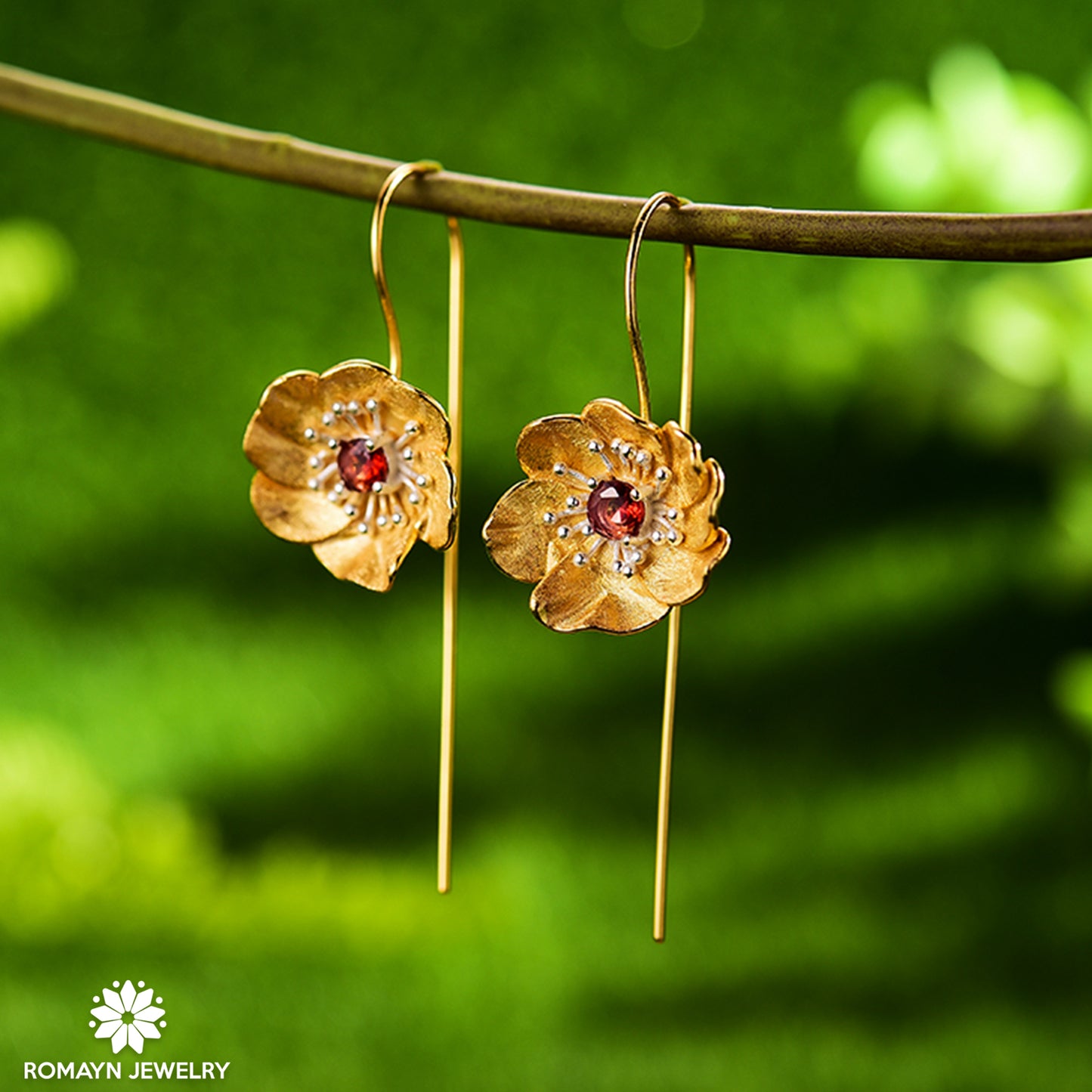 Anemone Flower Garnet Ring