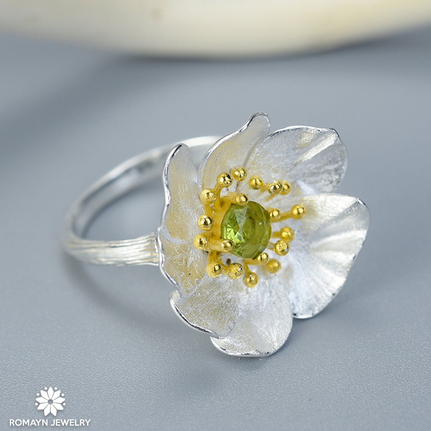 Anemone Flower Peridot Ring