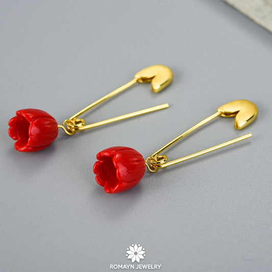 Pin Rose Flower Earrings, Wavy Rose Flower Earrings