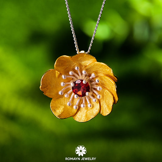 Anemone Flower Garnet Necklace