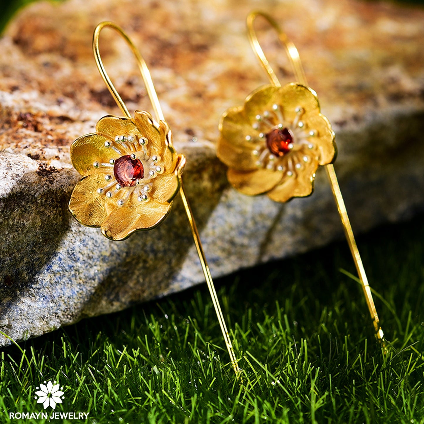 Anemone Flower Garnet Earrings