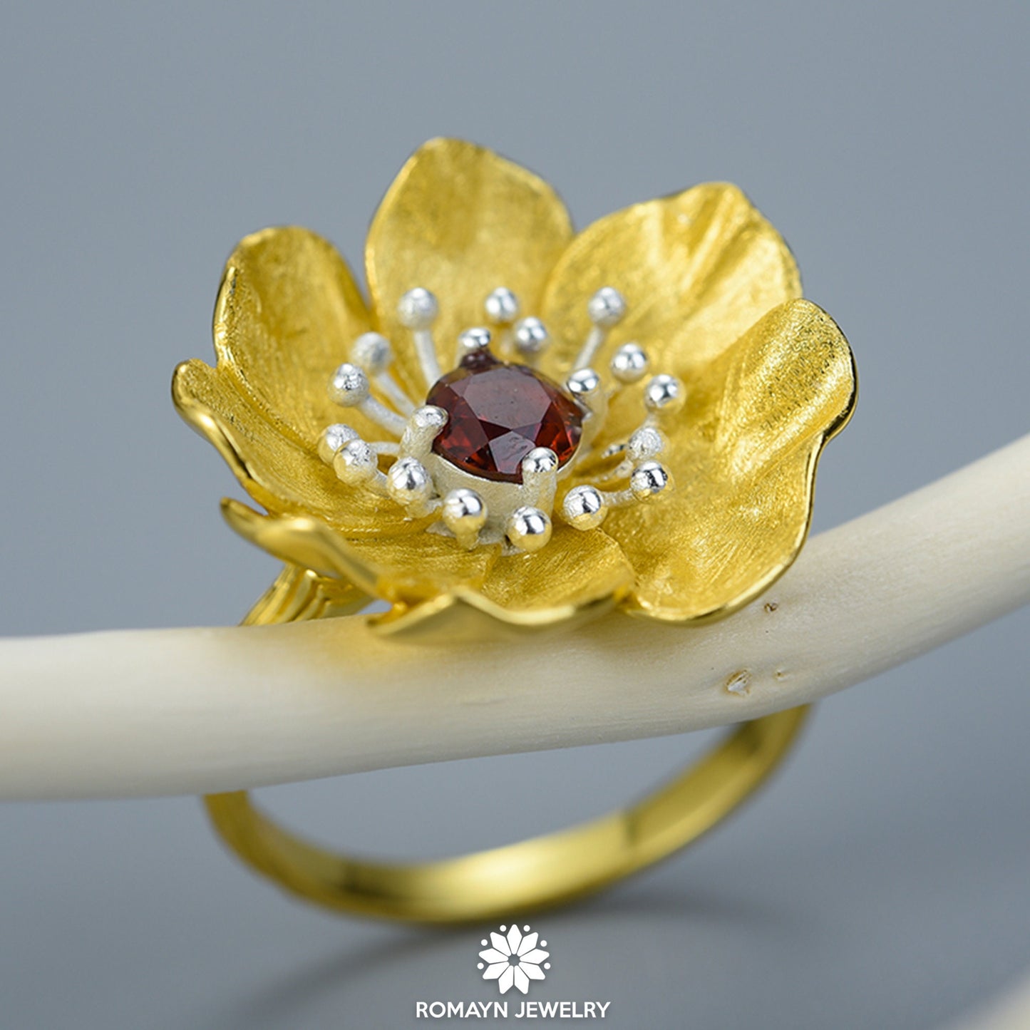 Anemone Flower Garnet Ring