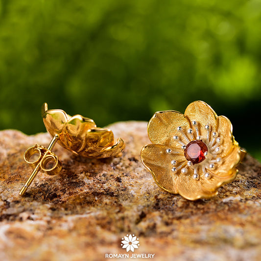 Anemone Flower Garnet Earrings