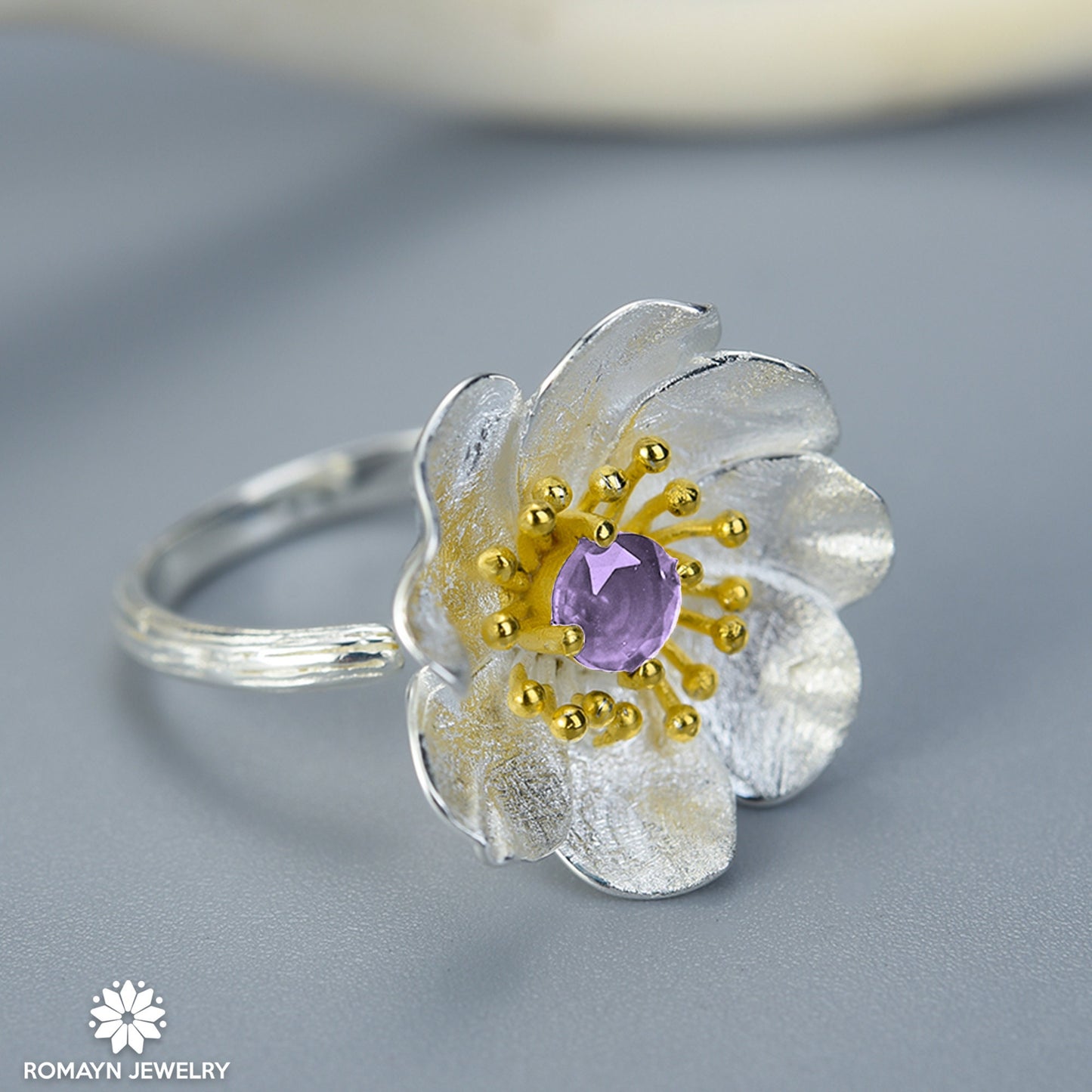 Anemone Flower Amethyst Ring