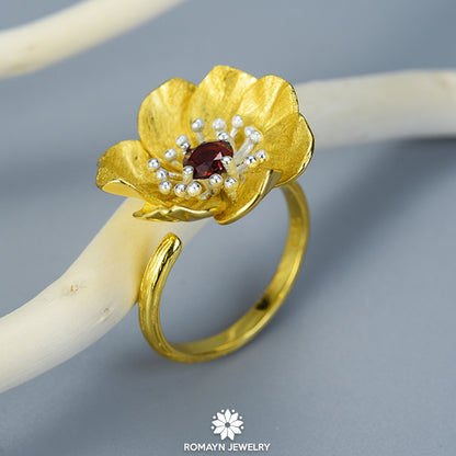 Anemone Flower Garnet Ring