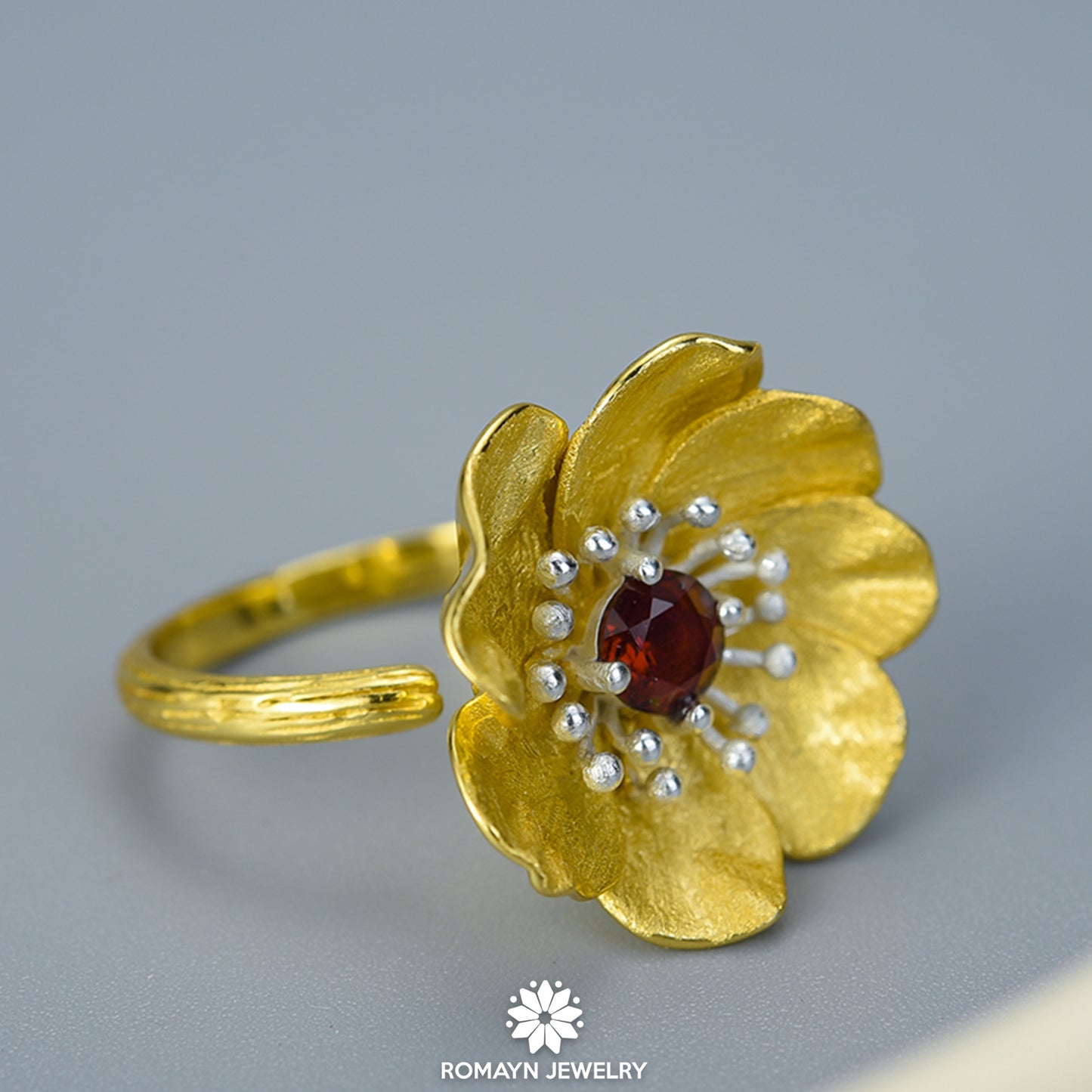 Anemone Flower Garnet Ring